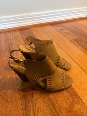 Qupid Perforated Open-Toe Slingback Heels in Tan